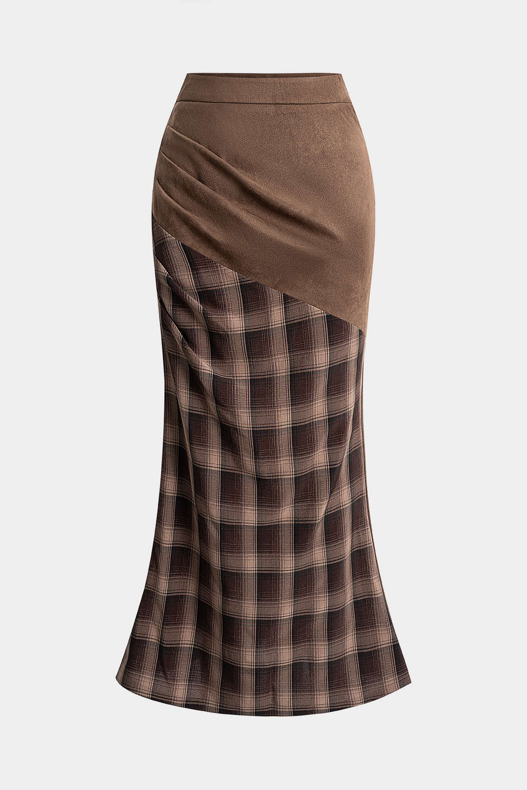 High Waist Rock aus Wildleder-Patchwork mit Karomuster