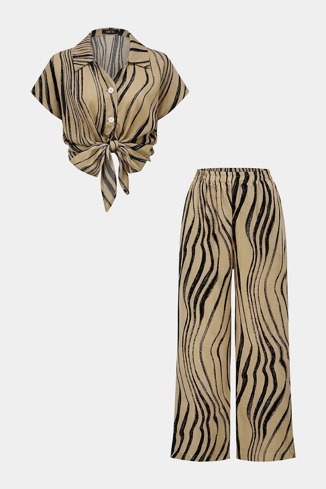 Contrast Stripes Print Button Shirt And Wide Leg Pants Set