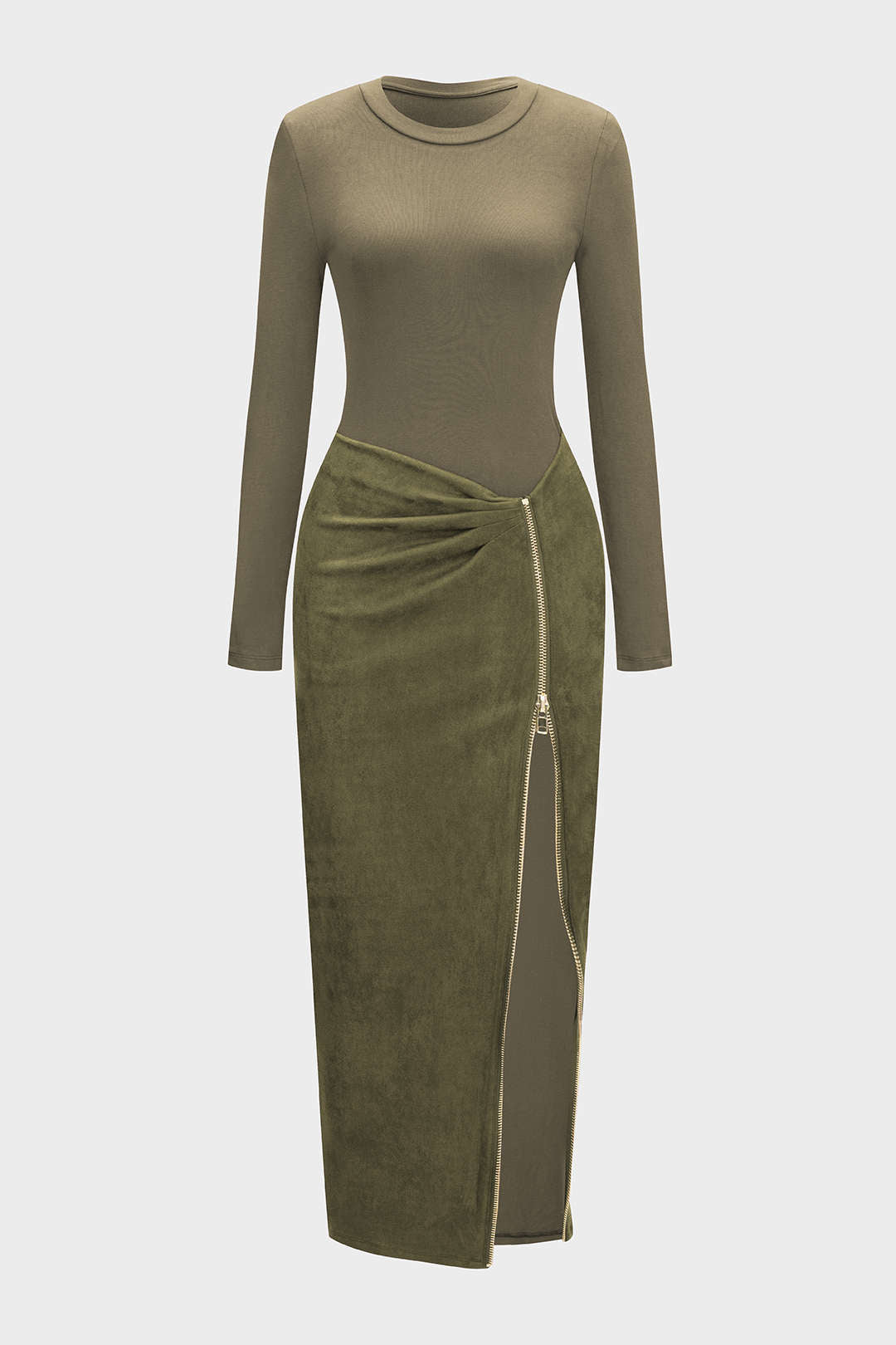 Round Neck Zipper Patchwork Long Sleeve Midi Dress