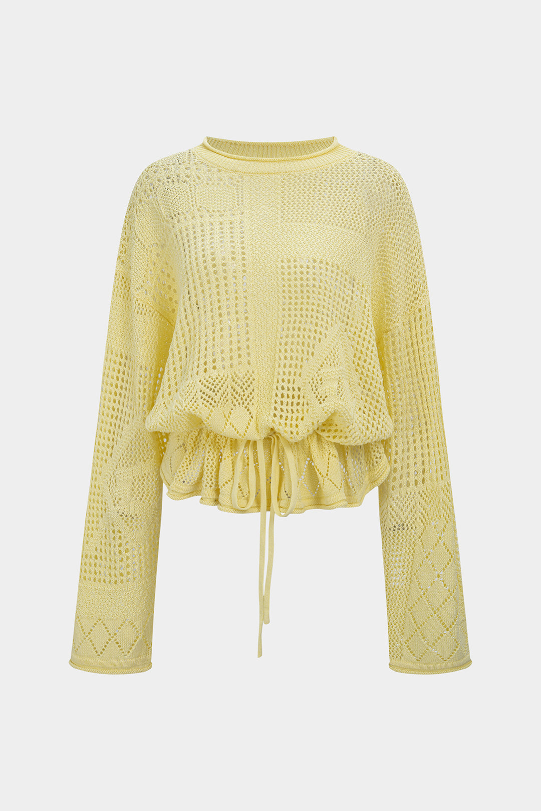 Open Knit Solid Geometric Round Neck Drawstring Long-Sleeve Top