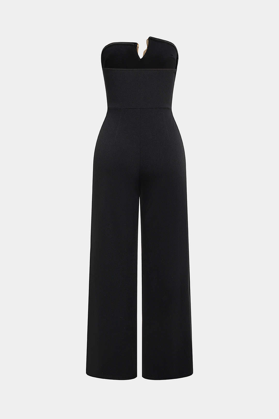 Unregelmäßiger trägerloser Metallic-Jumpsuit mit weitem Bein