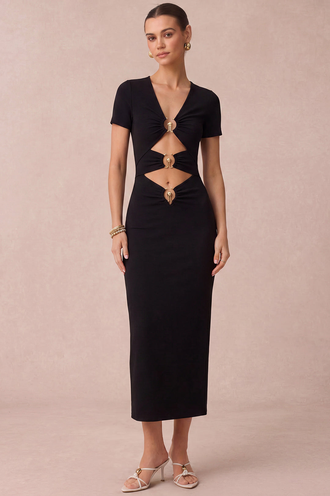 Metallic V-Neck Ruched Cut Out Short Sleeve Maxi Dress