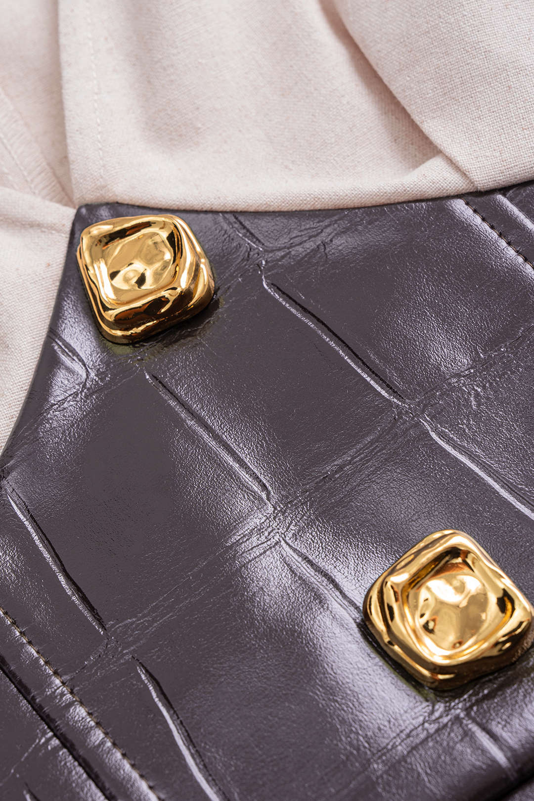 Faux Leather Metallic Button V-Neck Waist-Cinching Long-Sleeve Shirt