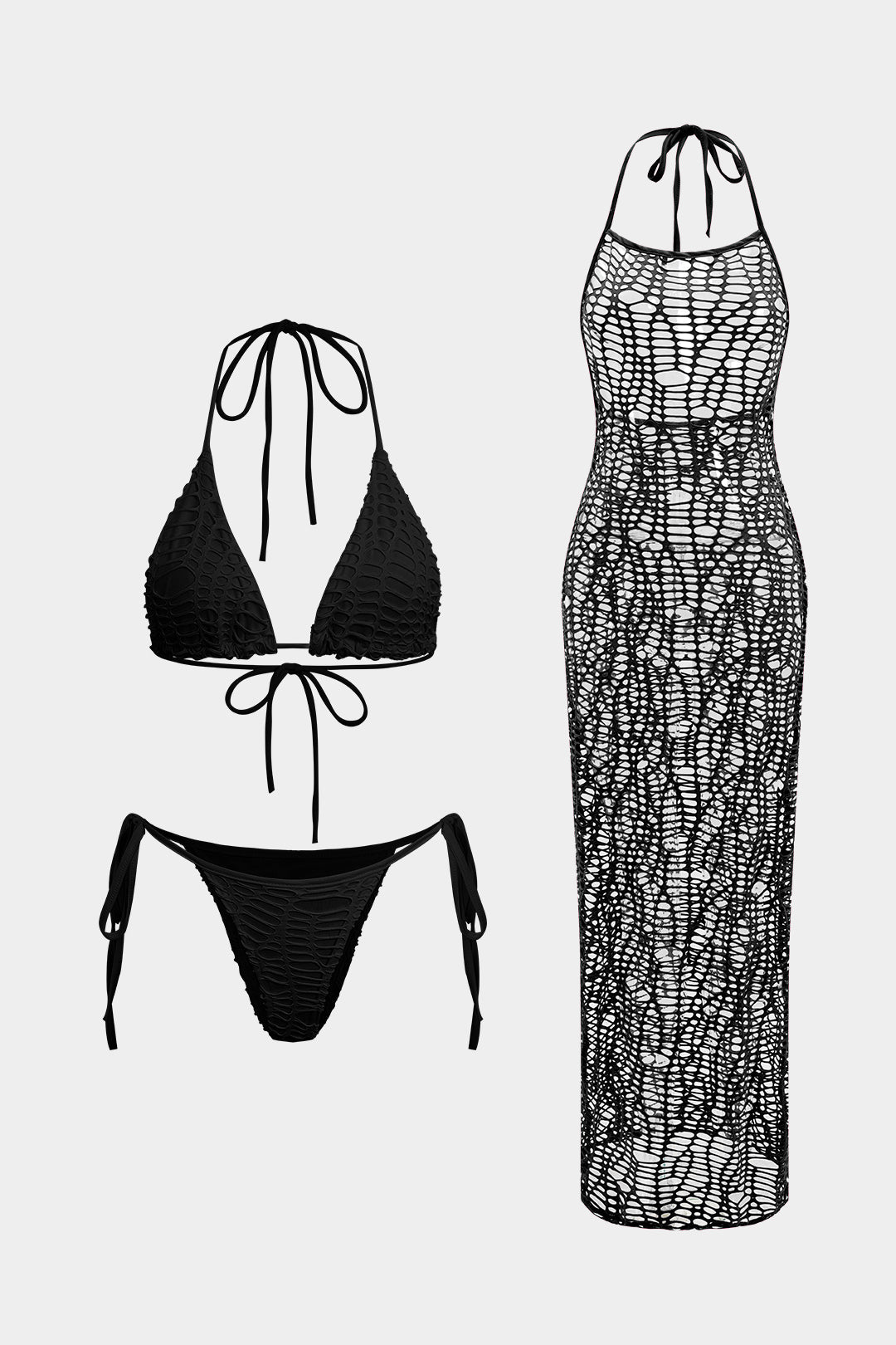 Strukturiertes Neckholder-Bikini-Set mit offen gestricktem Überwurf