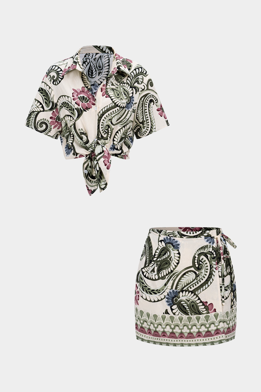 Ensemble chemise boutonnée à manches courtes et jupe nouée sur le devant à imprimé feuilles de palmier tropical
