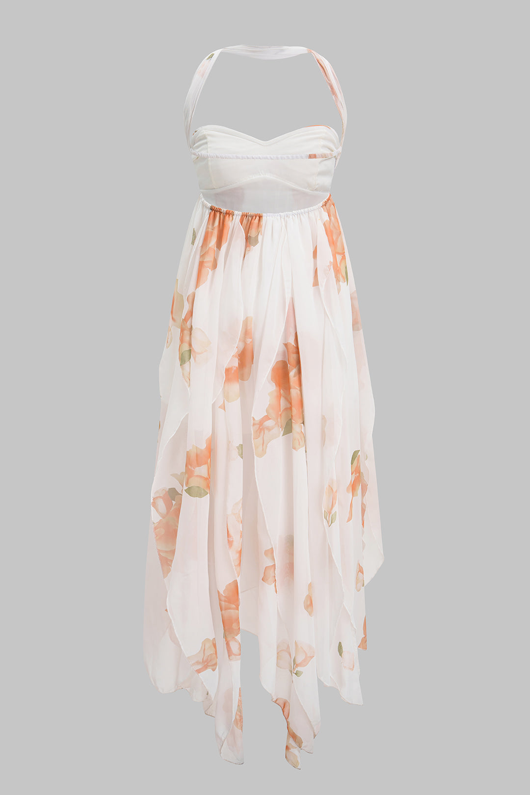 Robe longue sans manches à imprimé floral, col montant, dos nu et ourlet asymétrique