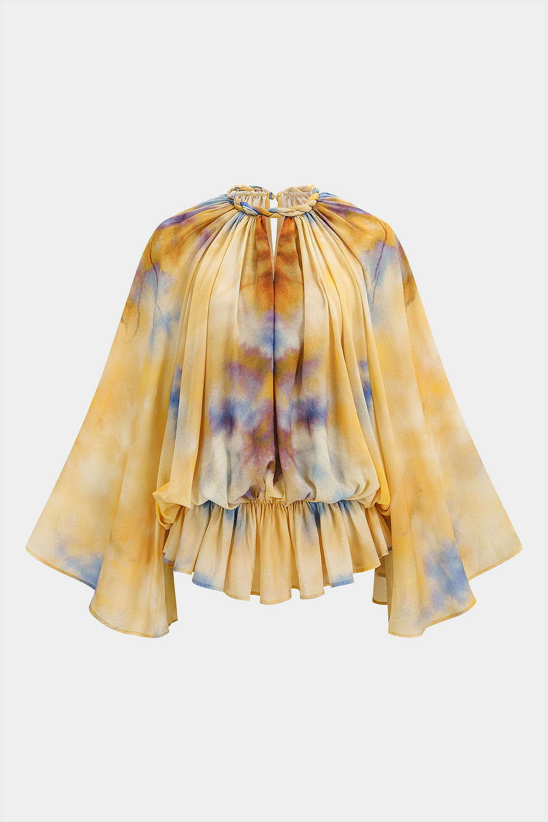 Tie-Dye-Chiffon-Shirt mit gedrehtem Rundhalsausschnitt, Cut-Outs, Raffungen und langen Ärmeln