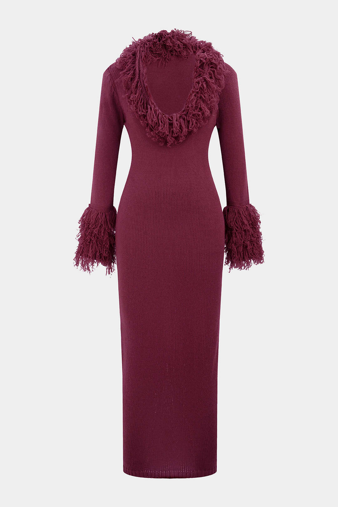 Knit Fringe Trim Deep V-Neck Long Sleeve Maxi Dress