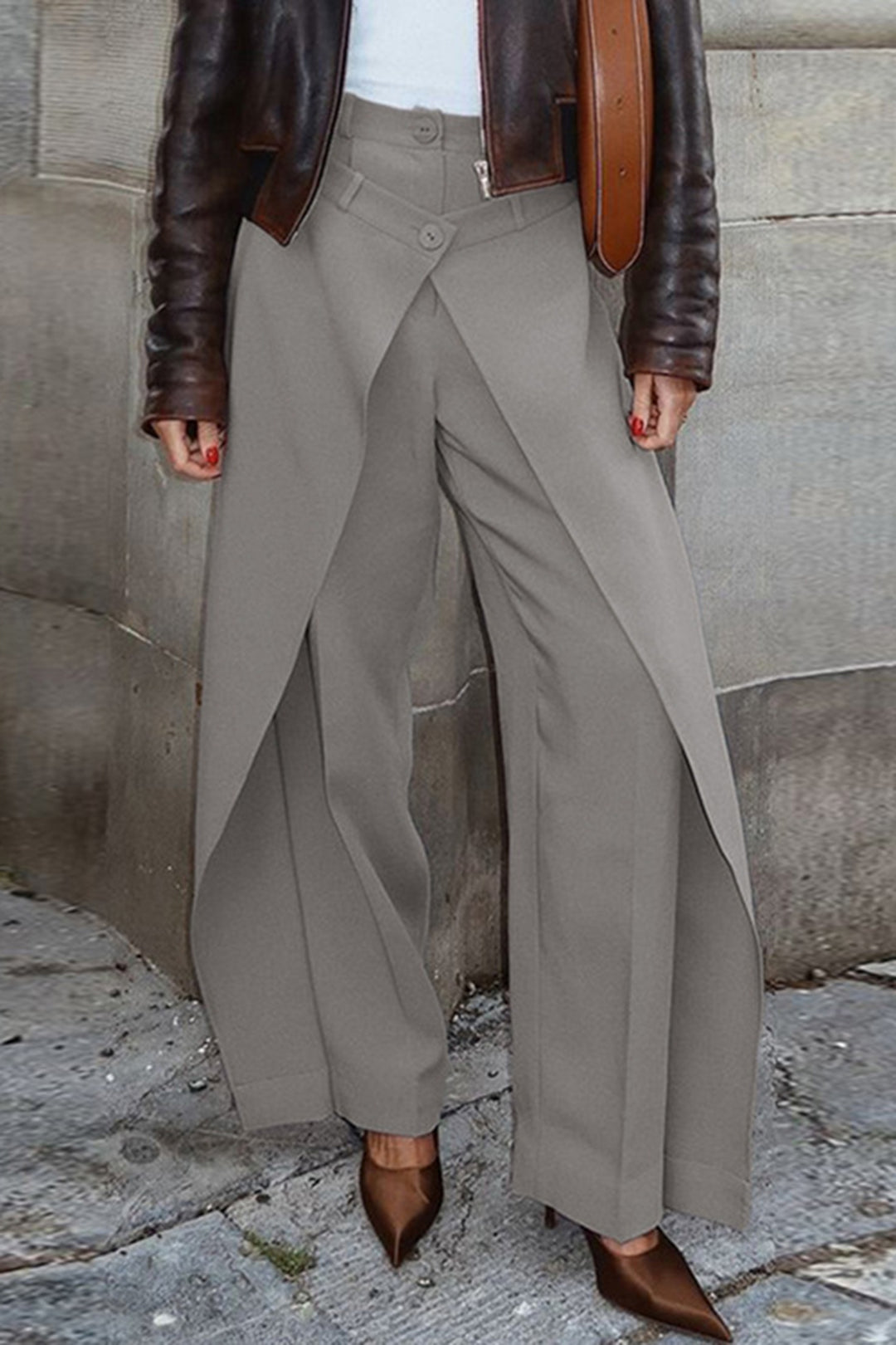 Double Waistband Button High-Waisted Wide-Leg Pants