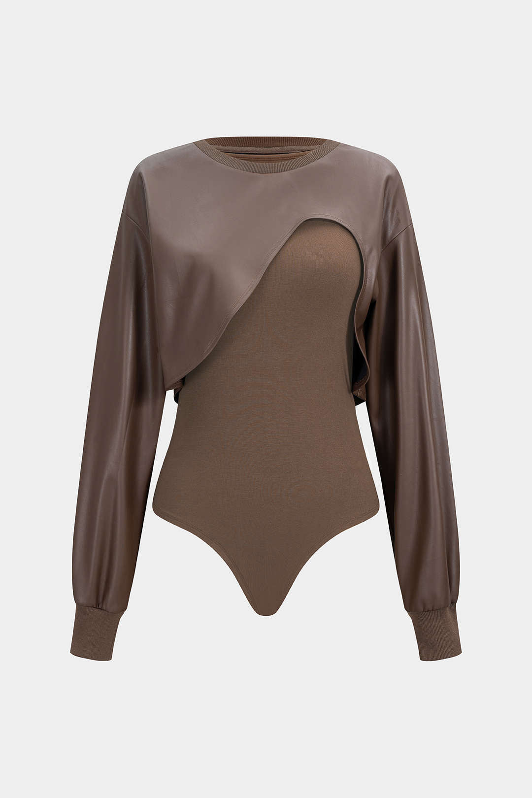 Kunstleder Patchwork Rundhals Asymmetrisch Langarm Bodysuit