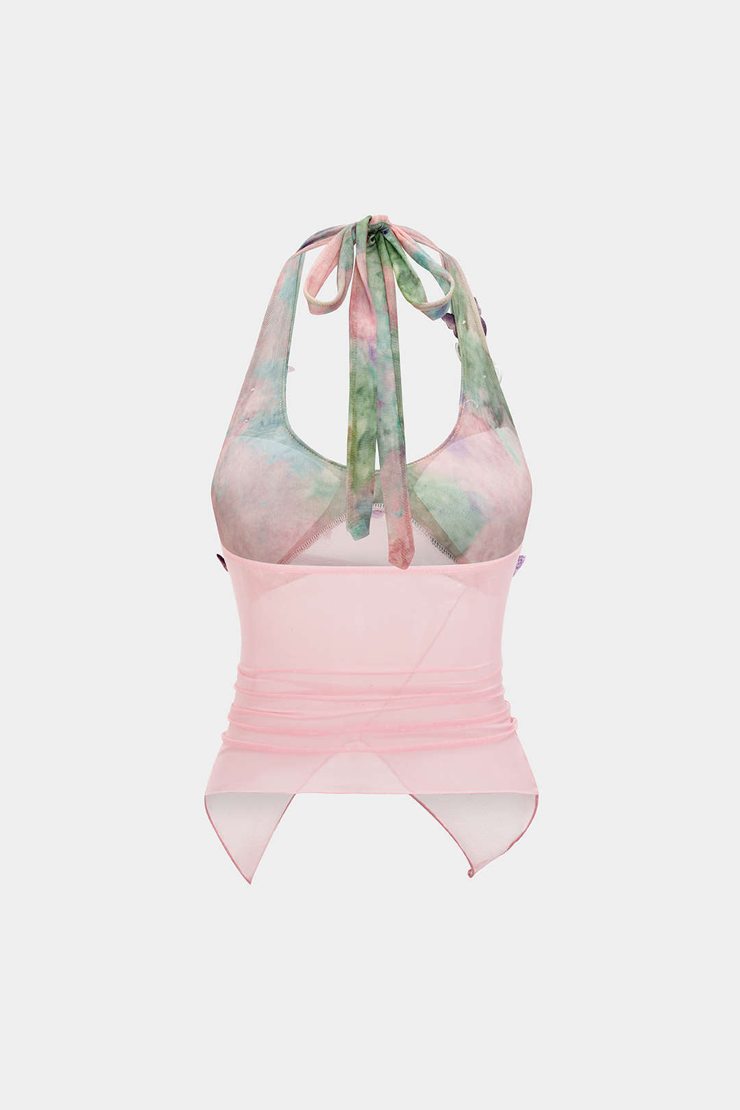 Tie Dye Print Mesh 3D Floral Halter Neck Tie-Up Cami Top
