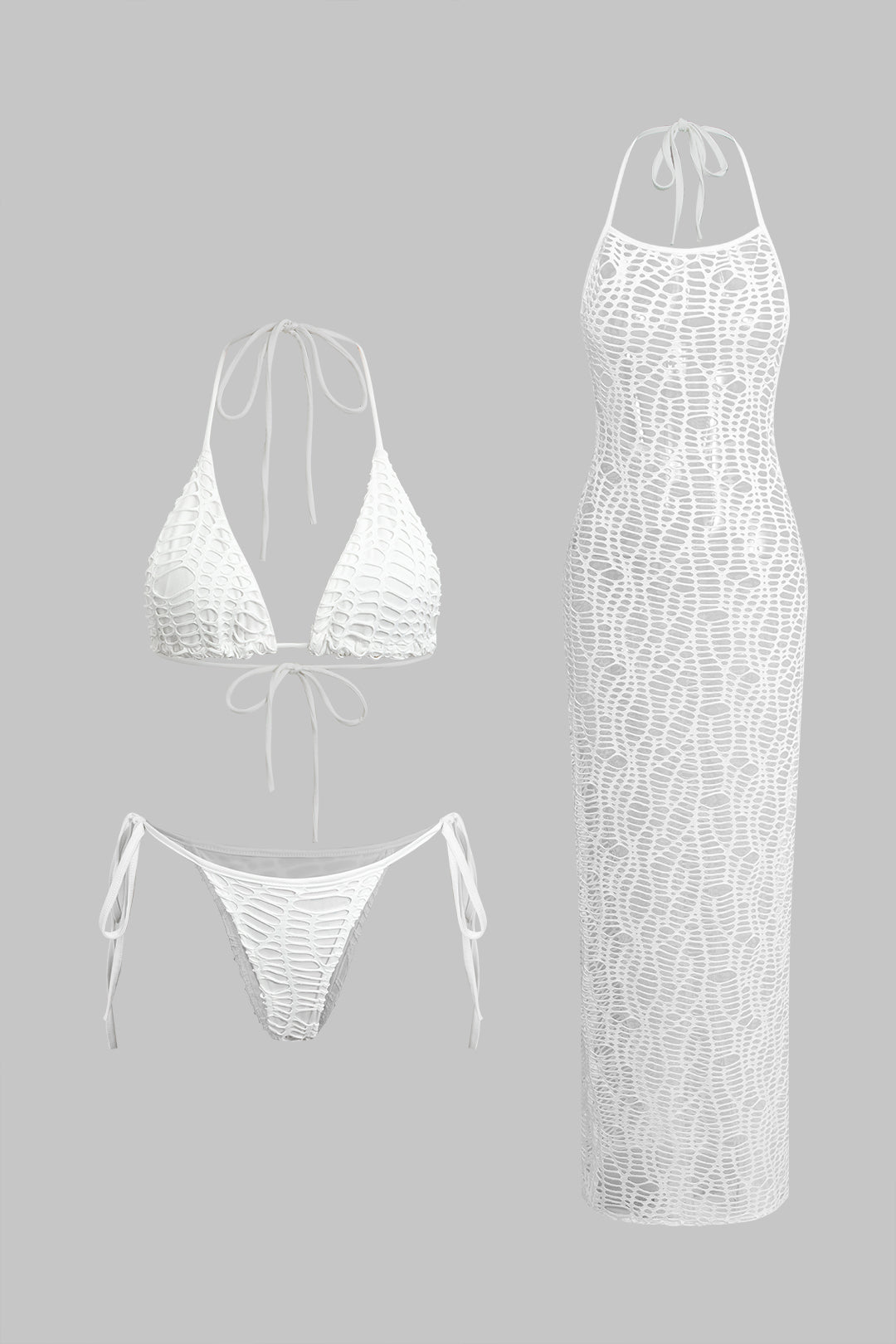 Strukturiertes Neckholder-Bikini-Set mit offen gestricktem Überwurf