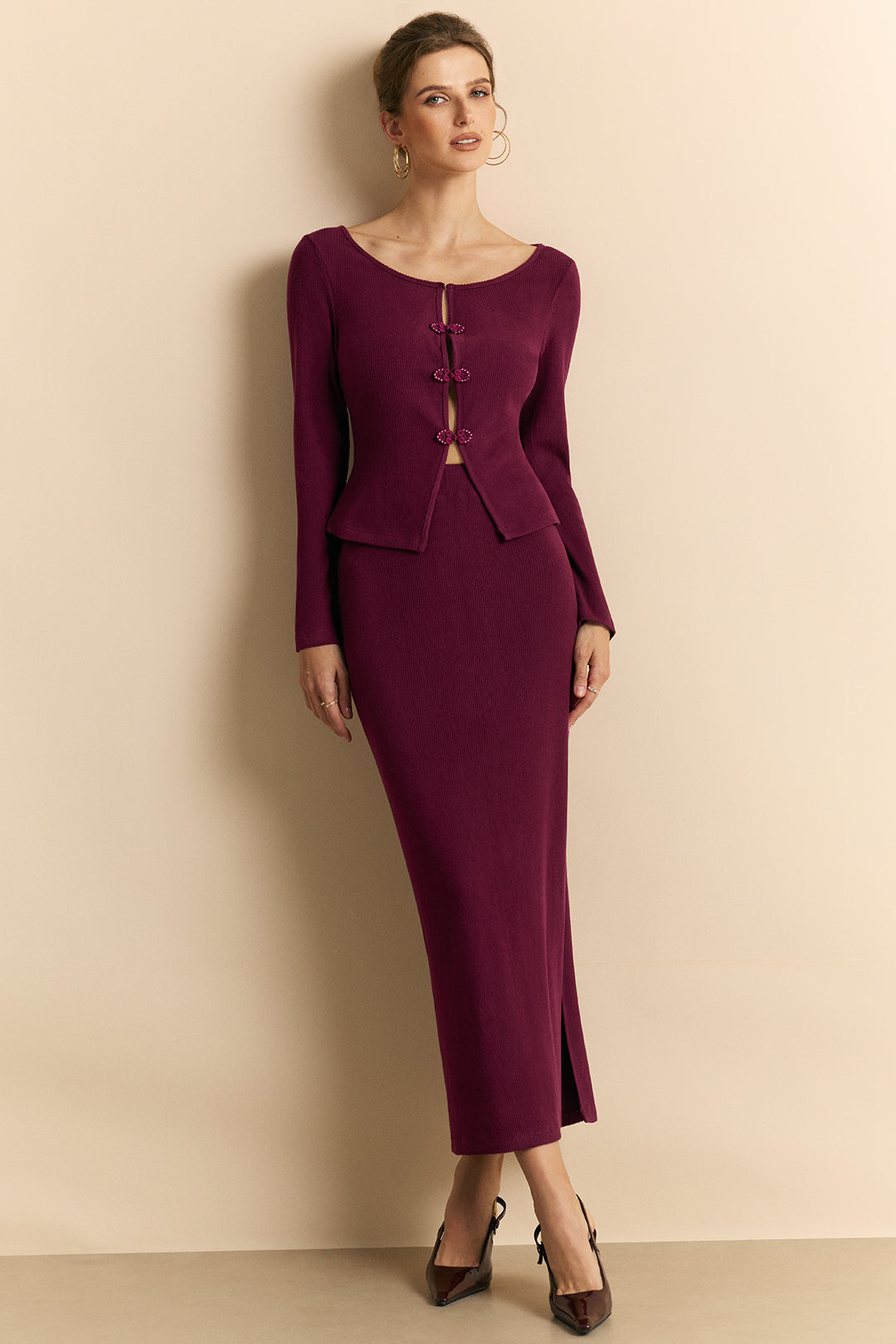 Knit Frog Button Long-Sleeve Top And Skirt Set