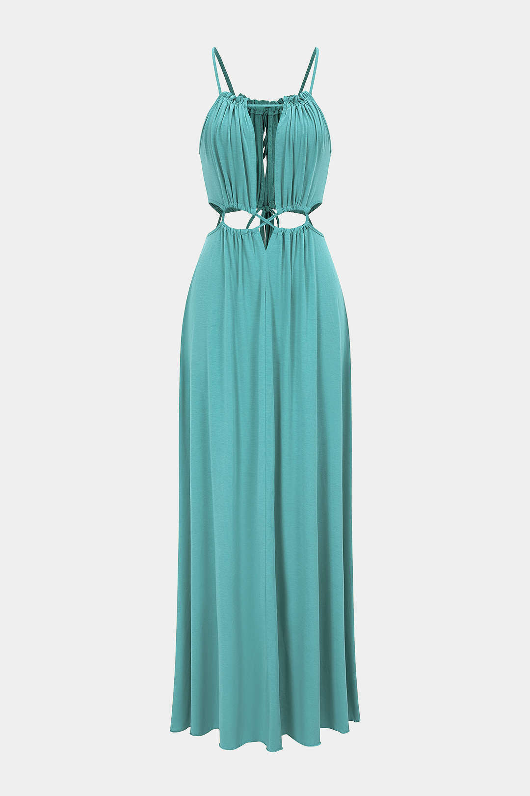 Robe longue sans manches dos nu à découpes froncées à nouer
