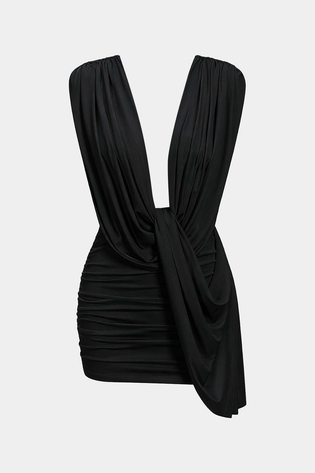 Minikleid mit Raffungen, Drapierungen, Wasserfallausschnitt und asymmetrischem Saum ohne Ärmel