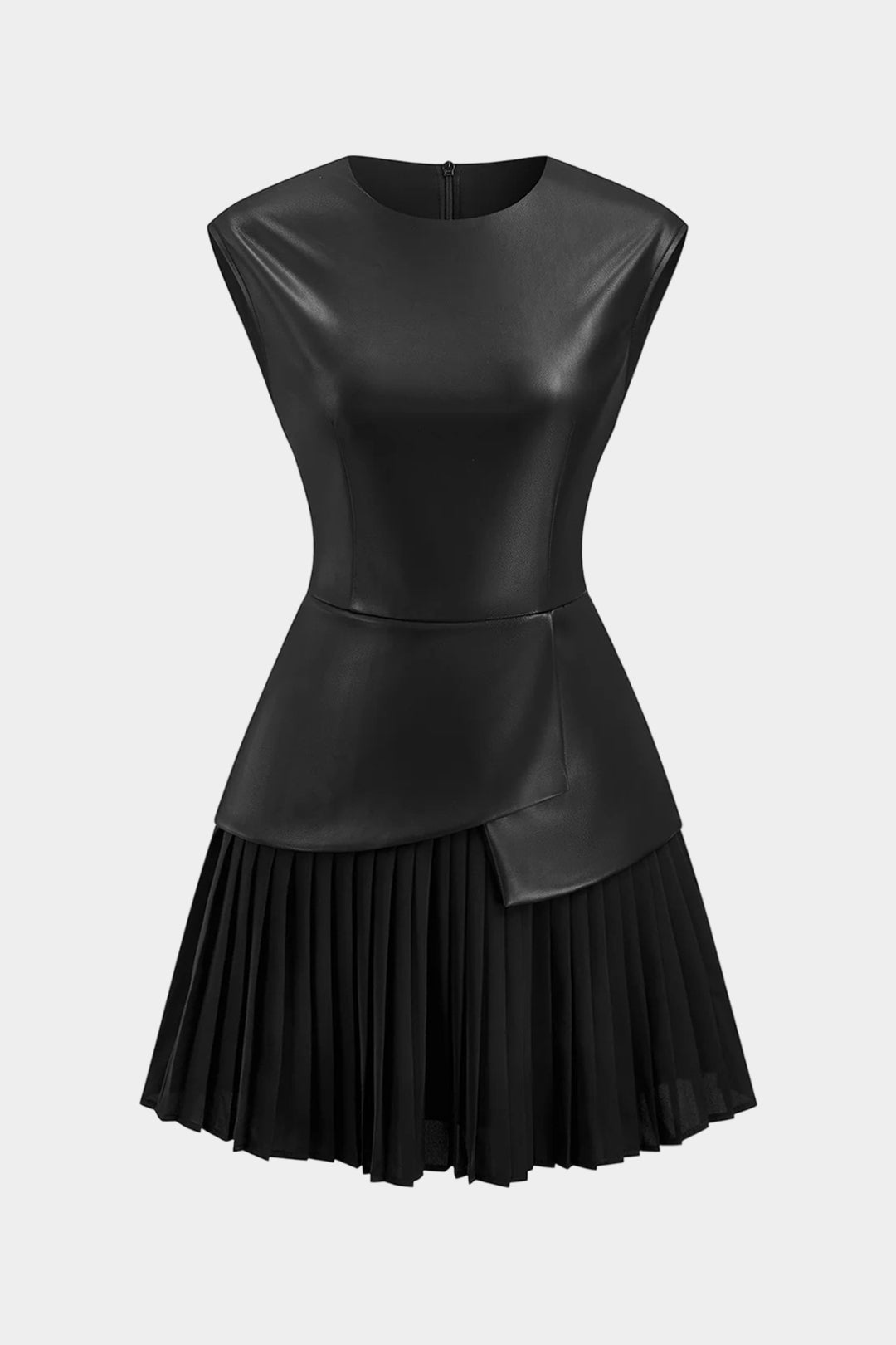 Minikleid aus Kunstleder mit Patchwork und Plissee, kurze Ärmel