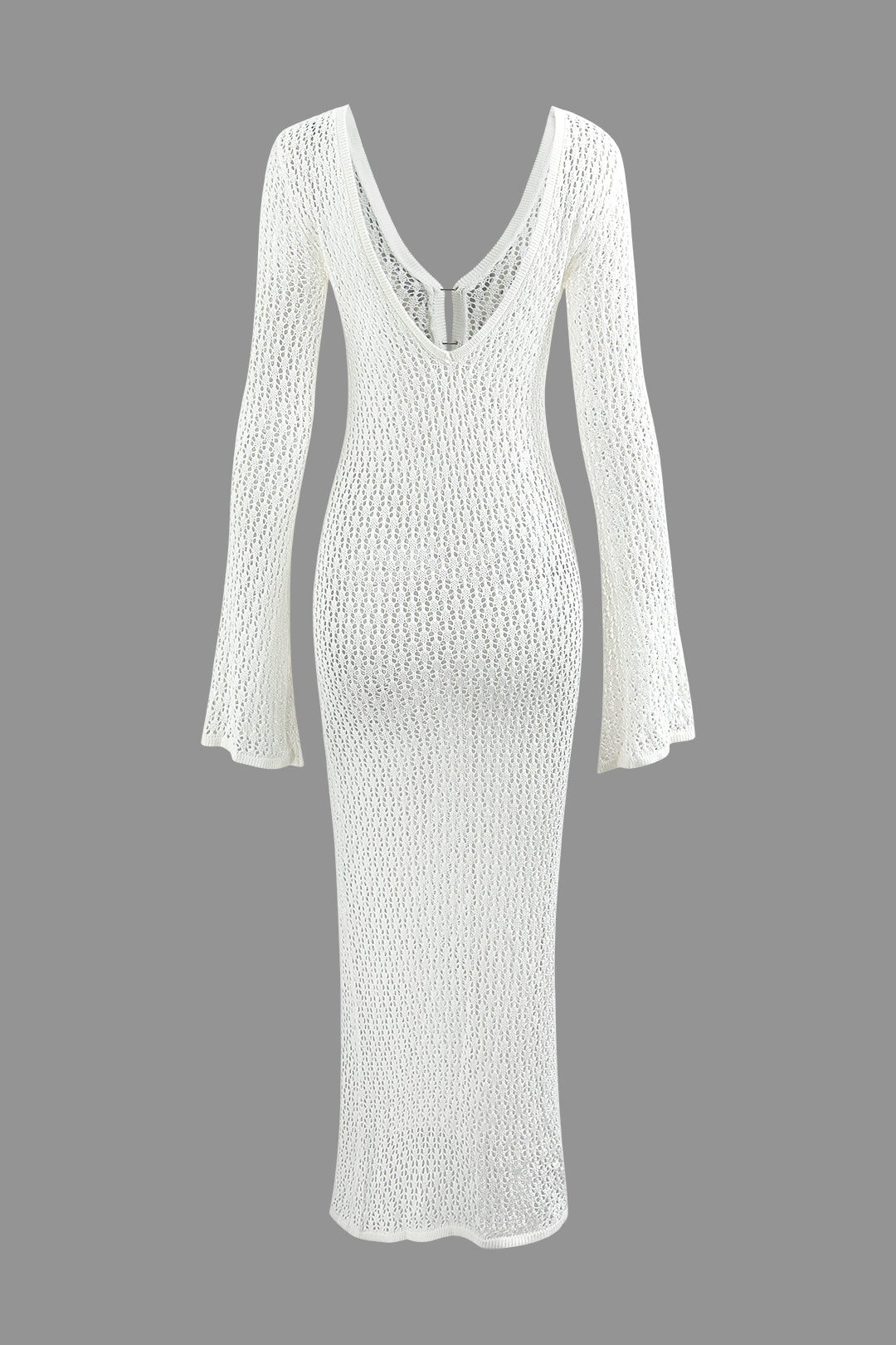 Robe longue en maille ajourée à col en V et manches longues au crochet
