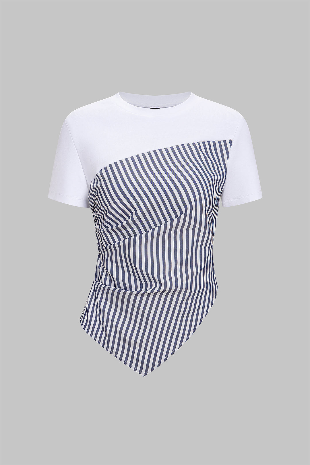 Stripes Print Round Neck Asymmetrical Ruched Short Sleeve T-Shirt