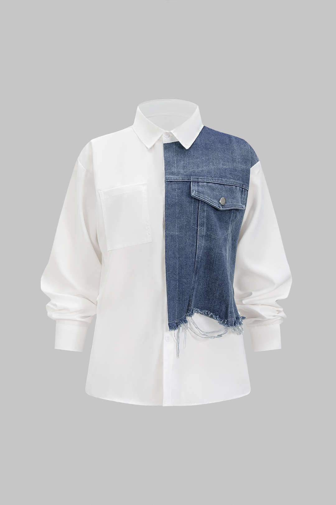 Jeans-Patchwork, ausgefranste asymmetrische Taschen, Langarmhemd