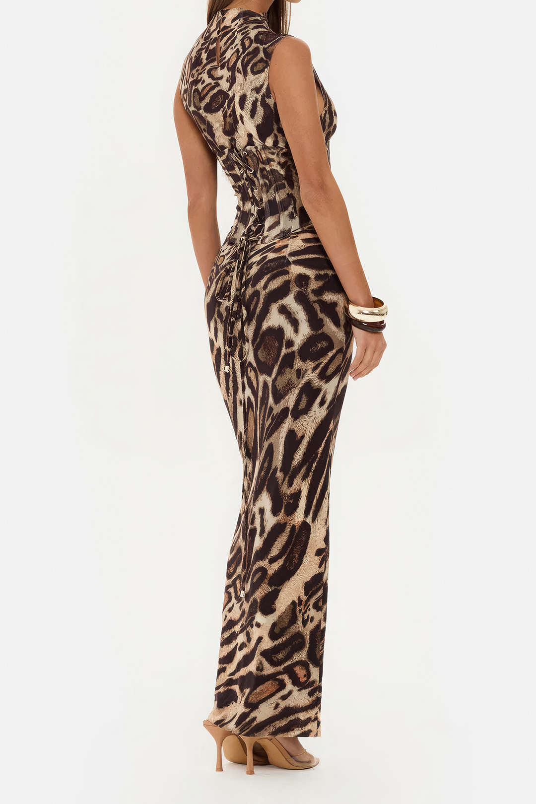 Maxikleid mit Leopardenmuster, Stehkragen, Neckholder und Korsett-Oberteil