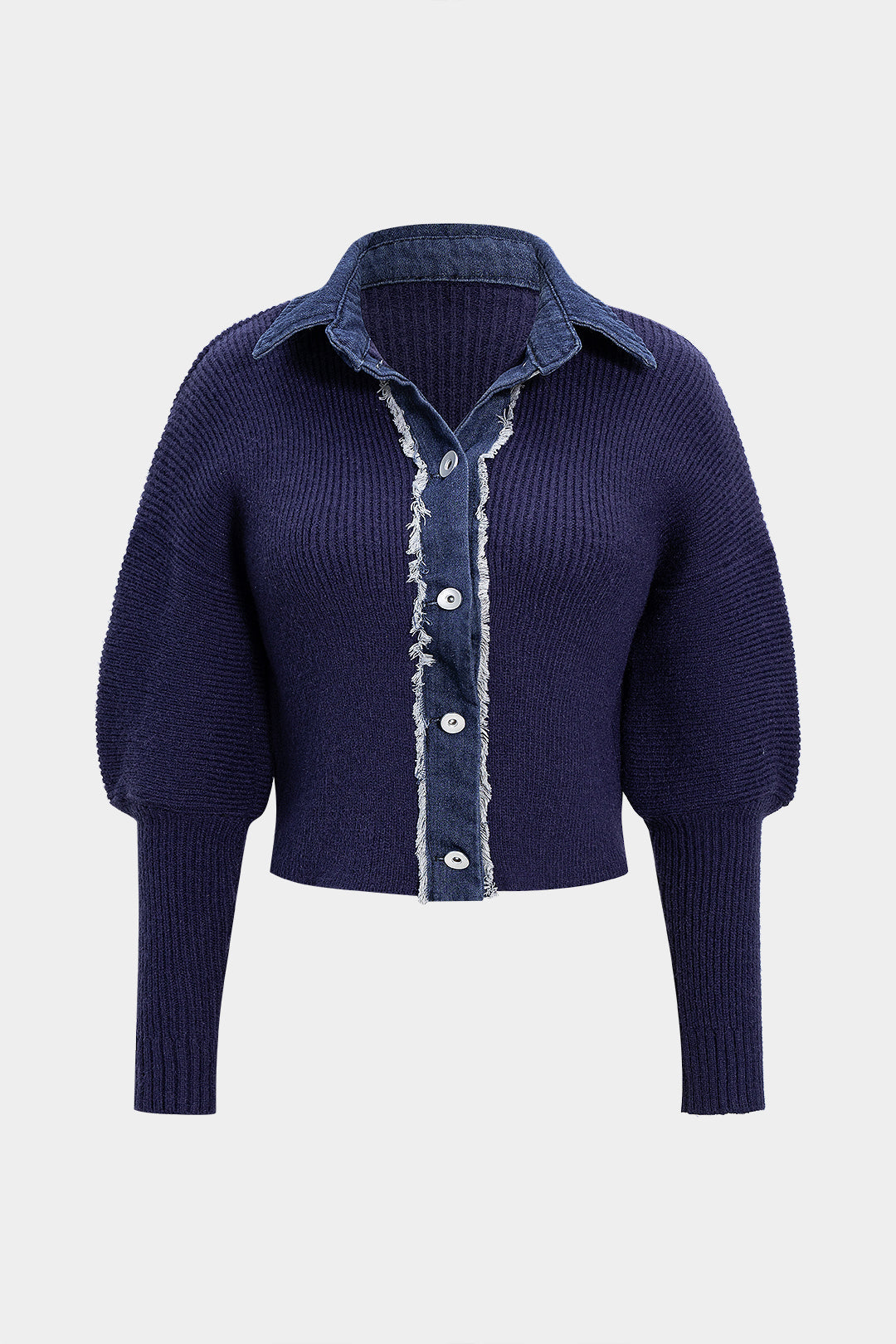 Knit Patchwork Frayed Button Long-Sleeve Top