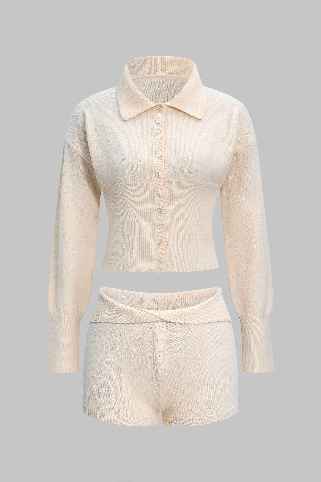 Knit Button Lapel Long-Sleeve Top And Shorts Set