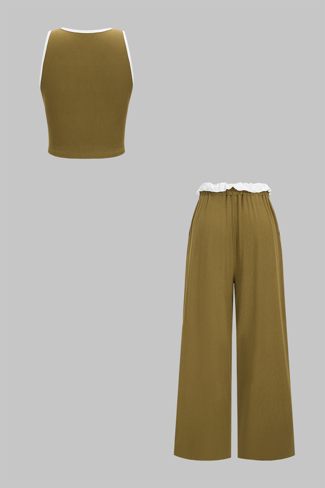 Contrast Round Neck Tank Top And Scallop Edge Drawstring Pants Sets