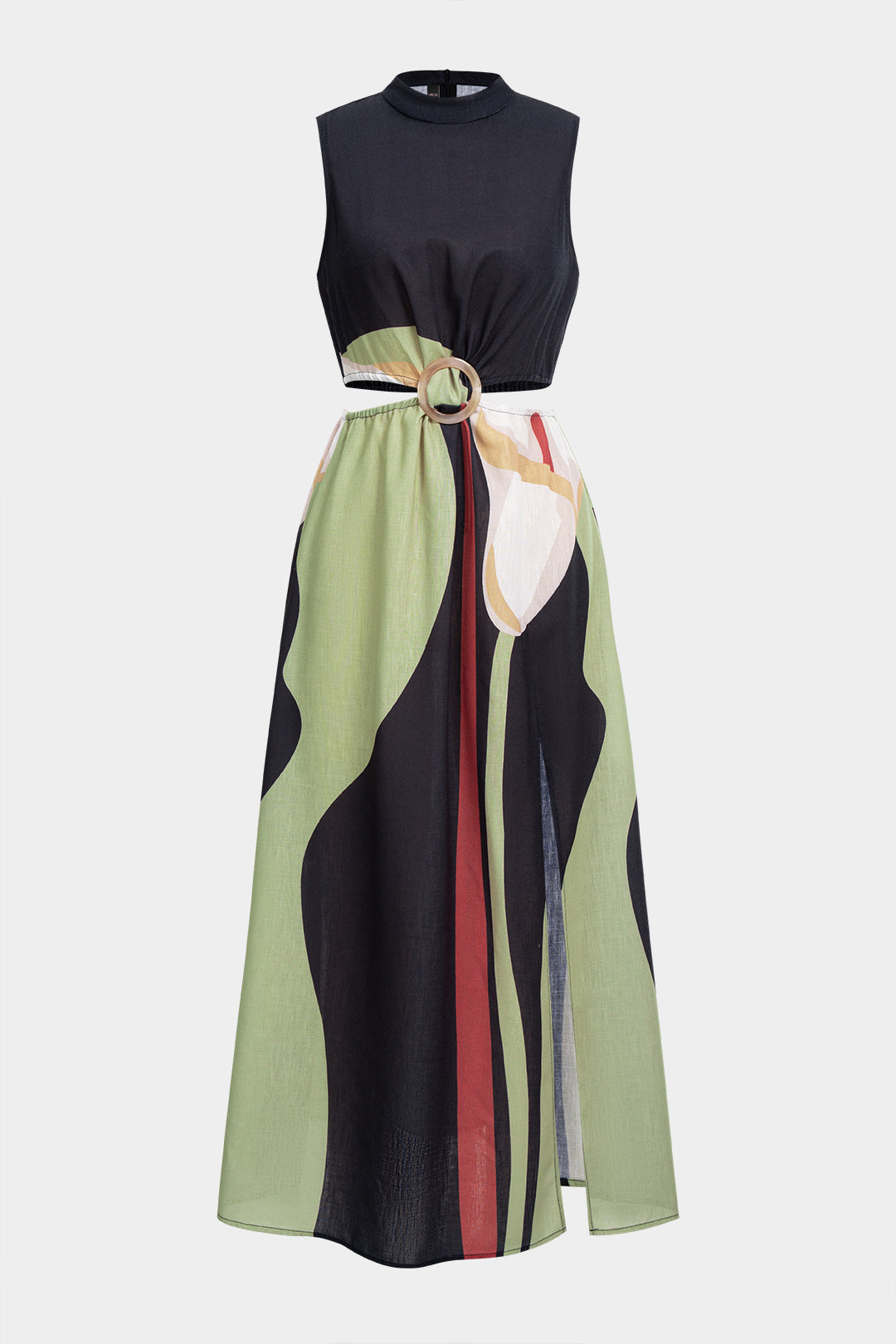 Maxikleid ärmellos mit abstraktem Blumendruck, Raffungen und Cut-Outs