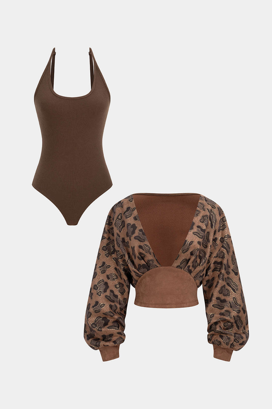 Leopard Print Suede Patchwork Halter Neck Long Sleeve Bodysuit