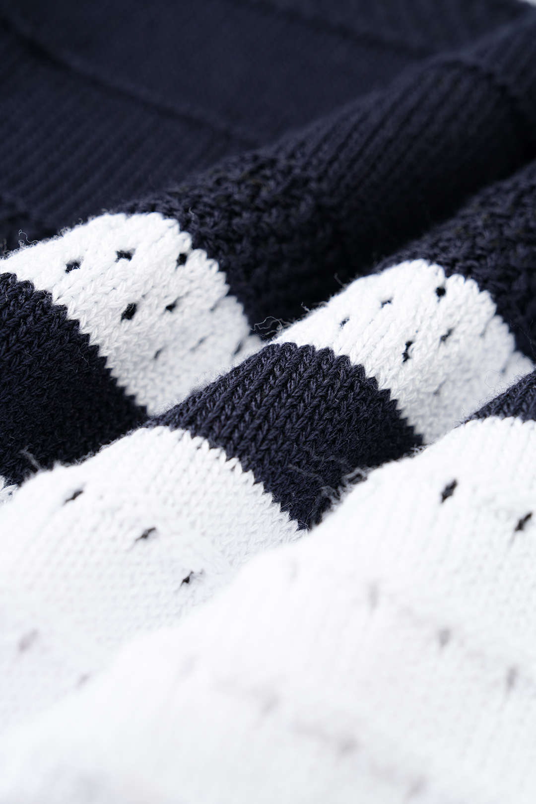 Knit Contrast Striped Hollow Out Round Neck Short Sleeve Top