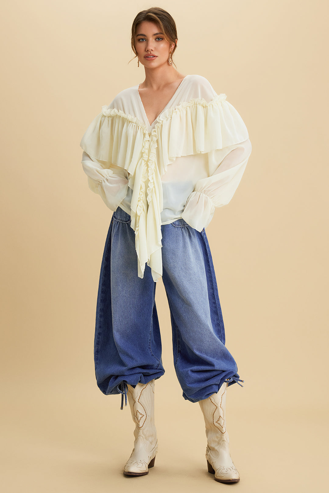 Chiffonrüschen Gerafftes Trägerloses Glockenlangarmshirt