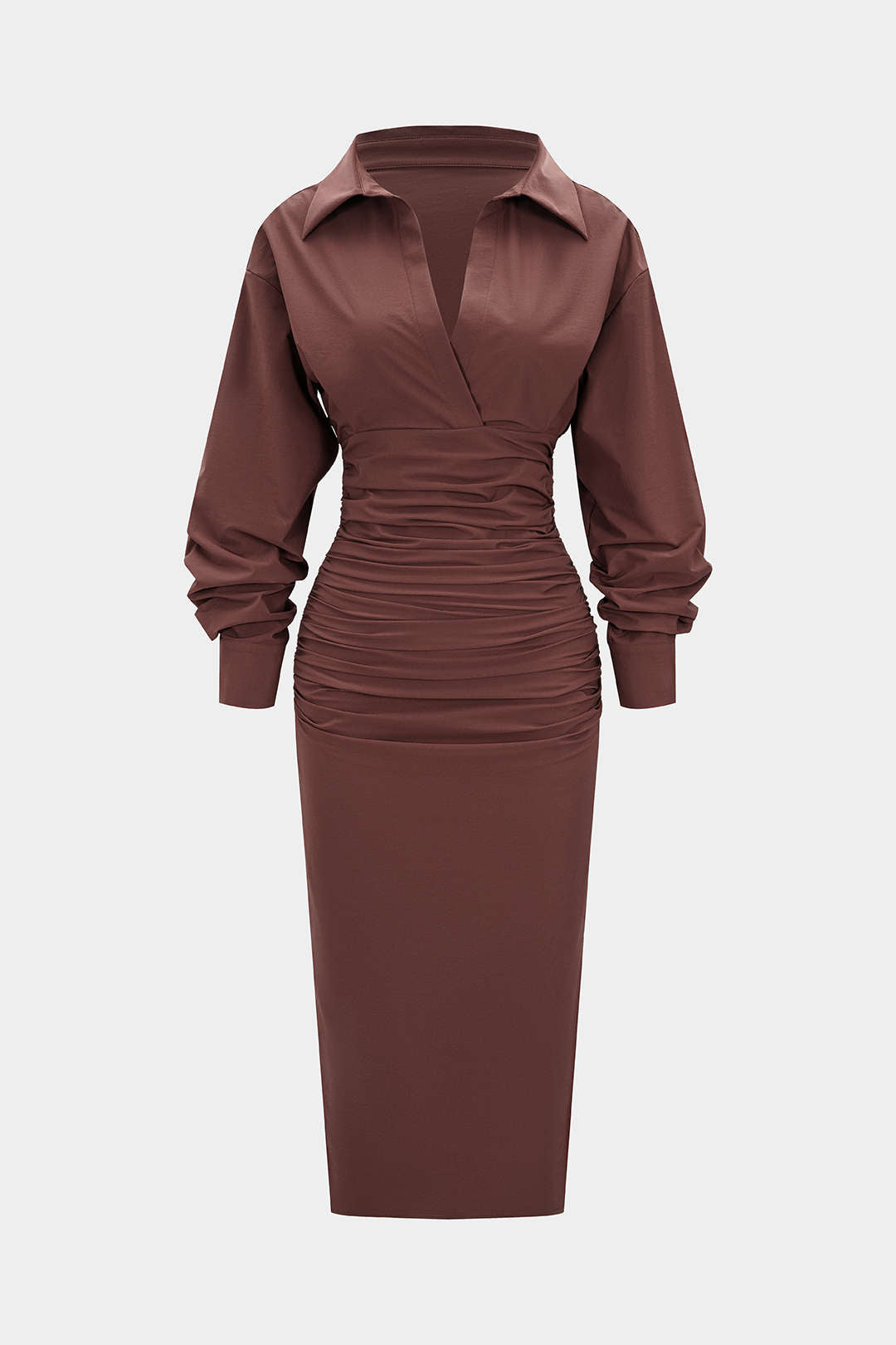 Einfarbiges gerafftes Langarm-Midikleid