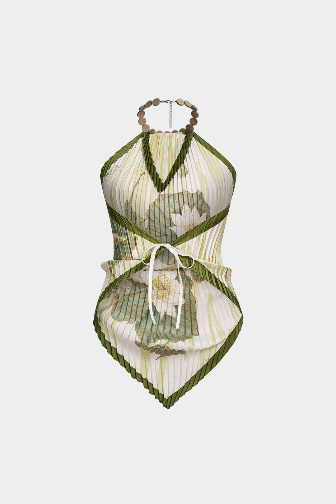 Floral Print Satin Halter Tie Back Pleated Tank Top