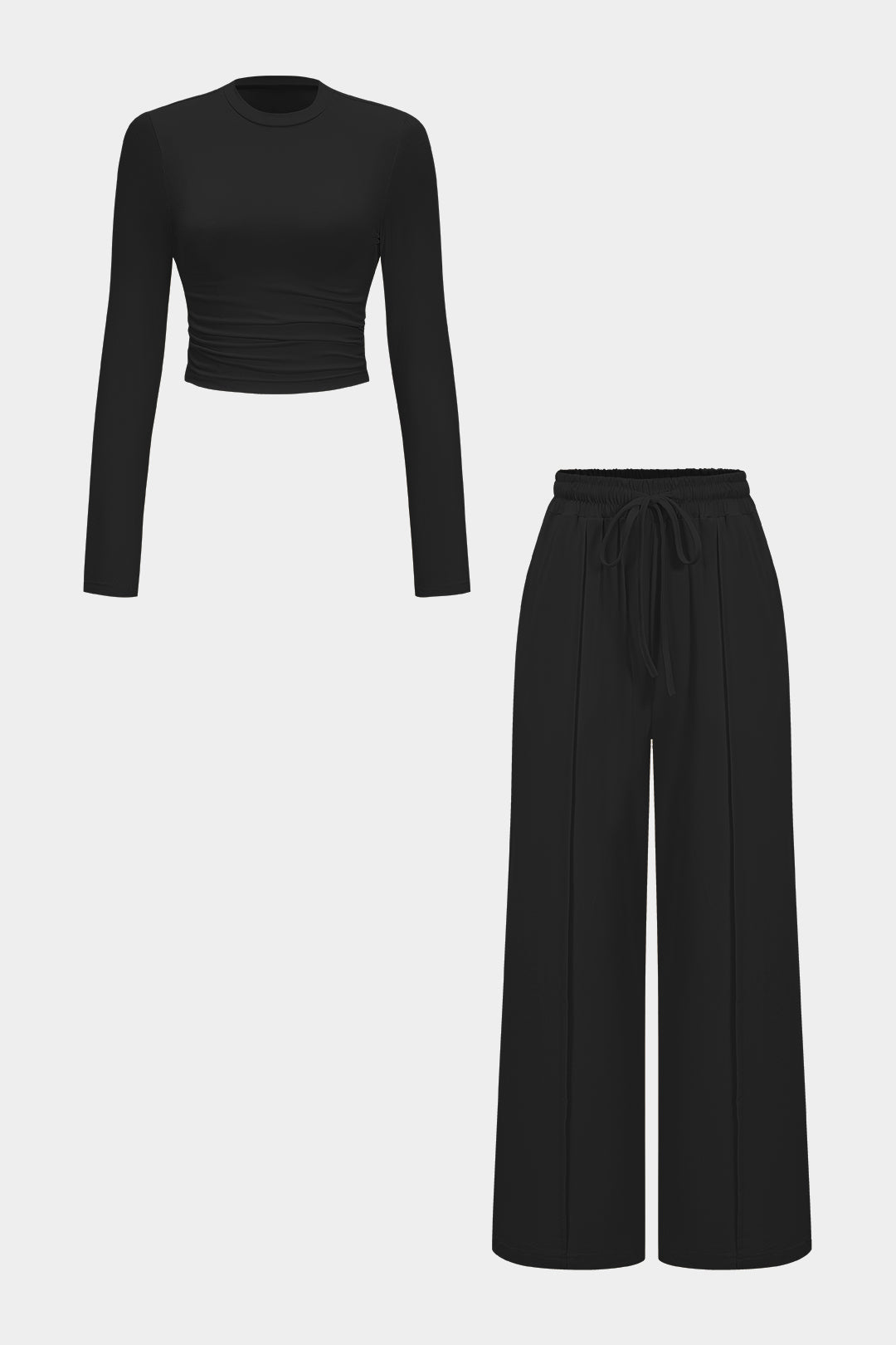 Ruched Long-Sleeve Top And Tie-Up High Waist Wide Leg Trousers Set