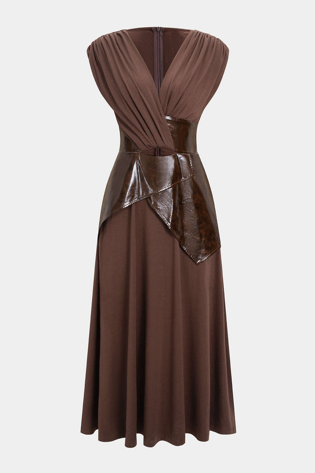 Faux Leather Patchwork Ruched Short-Sleeve Maxi Dress