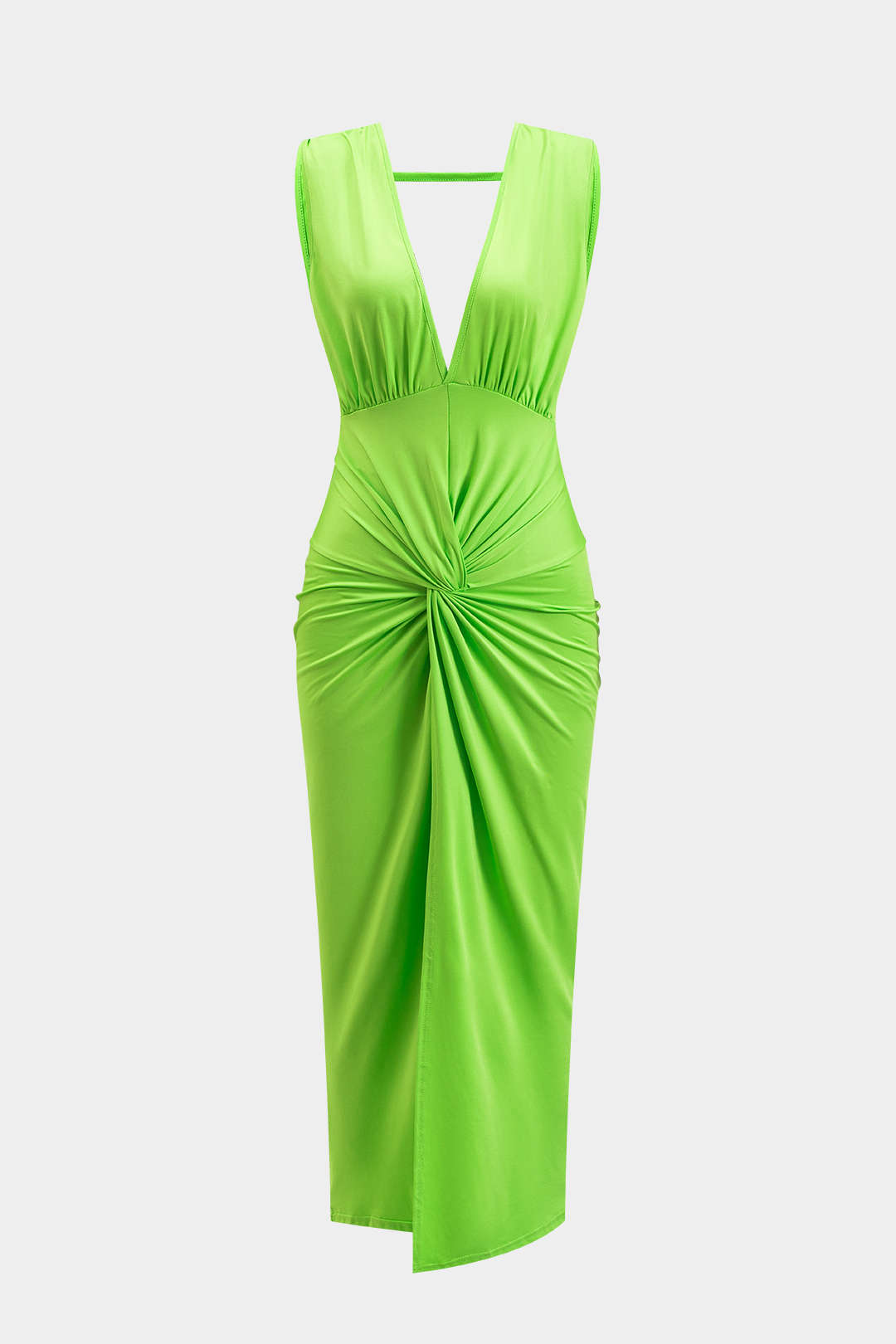 Robe midi sans manches dos nu torsadée froncée