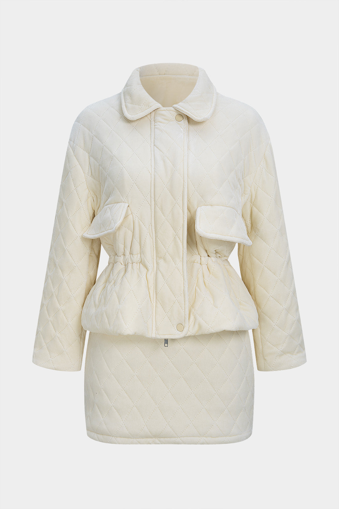 Quilted Velvet Zipper Jacket And Mini Skirt Set
