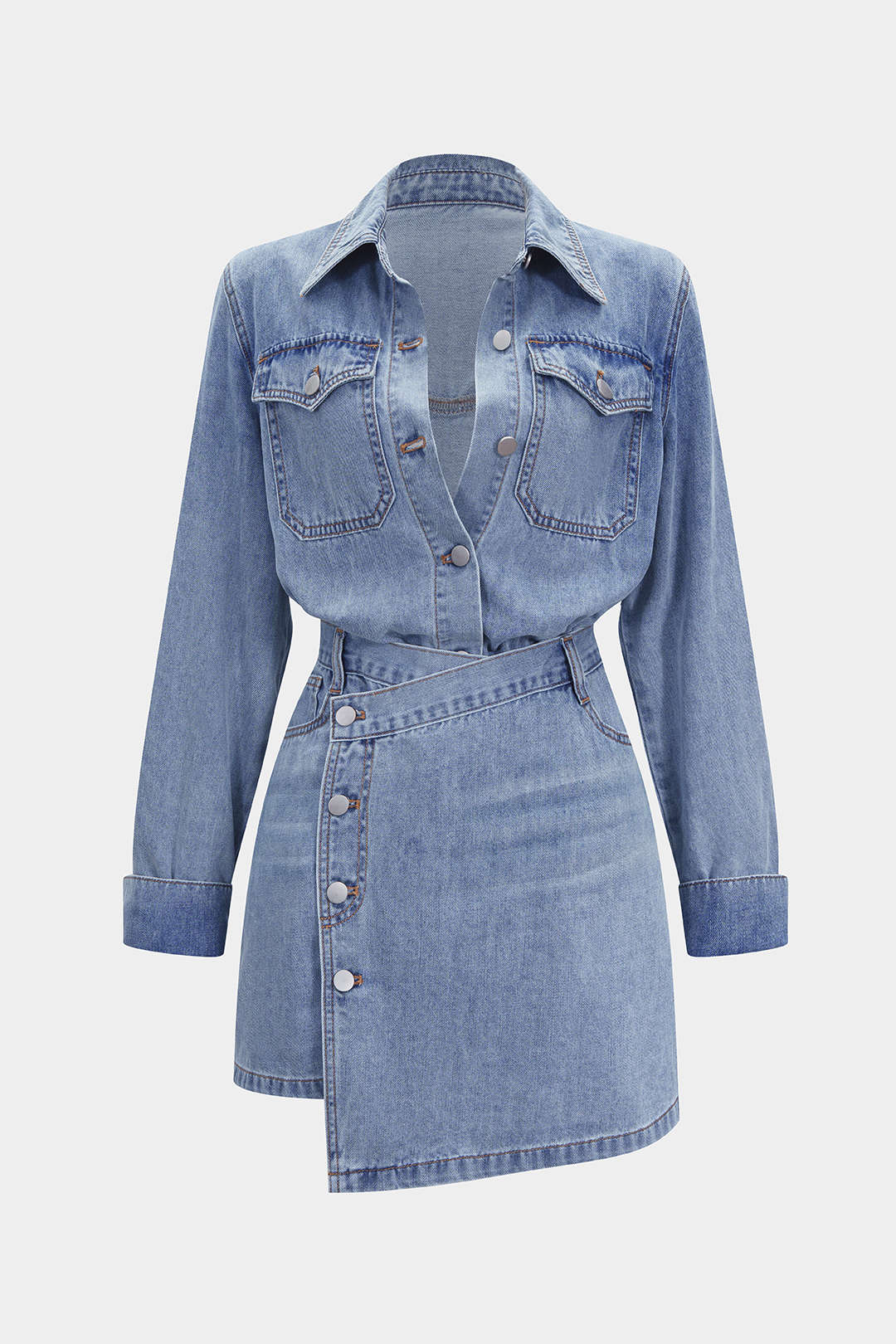 Denim-Knopf-Langarm-Top und High-Waist-Minirock-Set