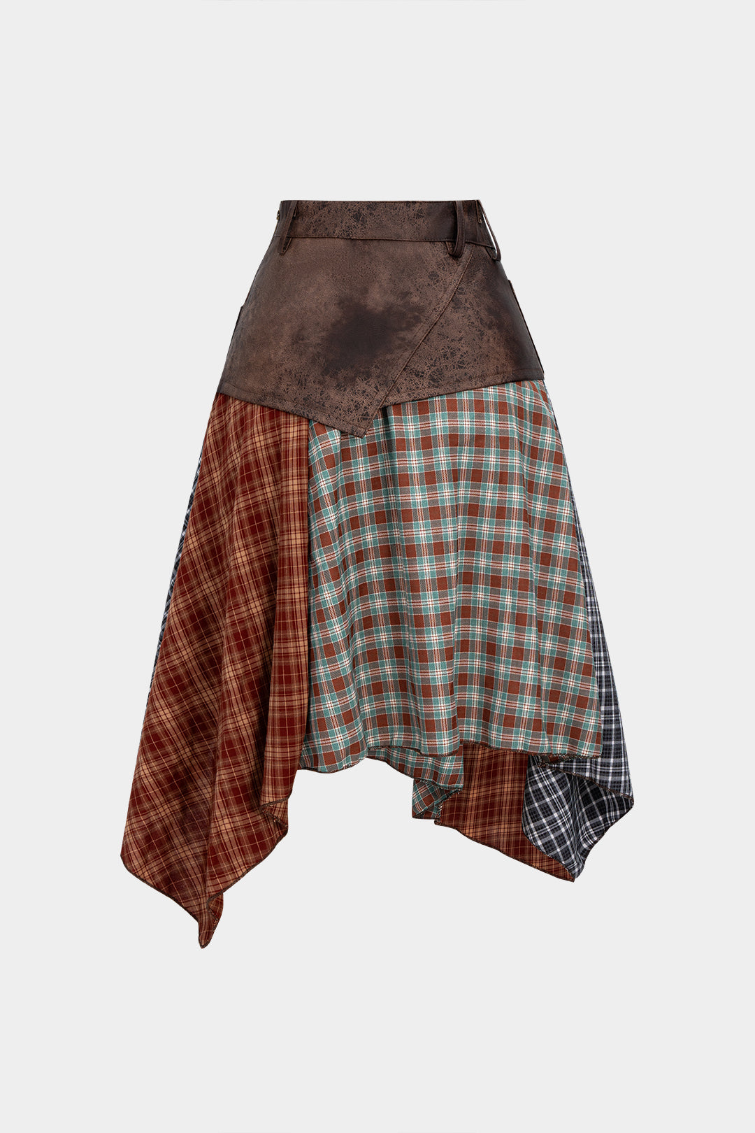 Plaid Contrast Print Faux Leather Patchwork Irregular Hem Skirt