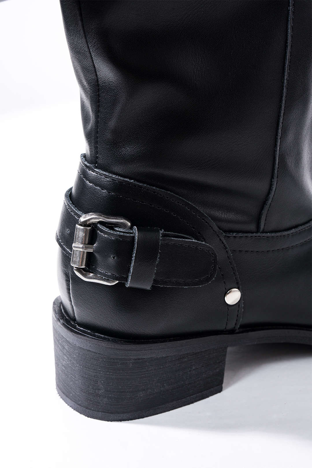 Leather Ruched Buckle Knee High Boots