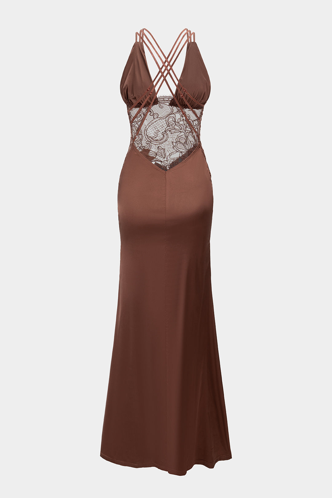 Robe longue à col en V en patchwork de satin et dentelle transparente, dos nu croisé