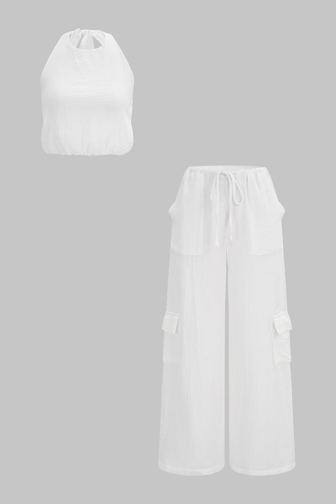 Ärmelloses Oberteil mit Rundhalsausschnitt und Rückenausschnitt und Hose mit weitem Bein und Kordelzugtasche Set
