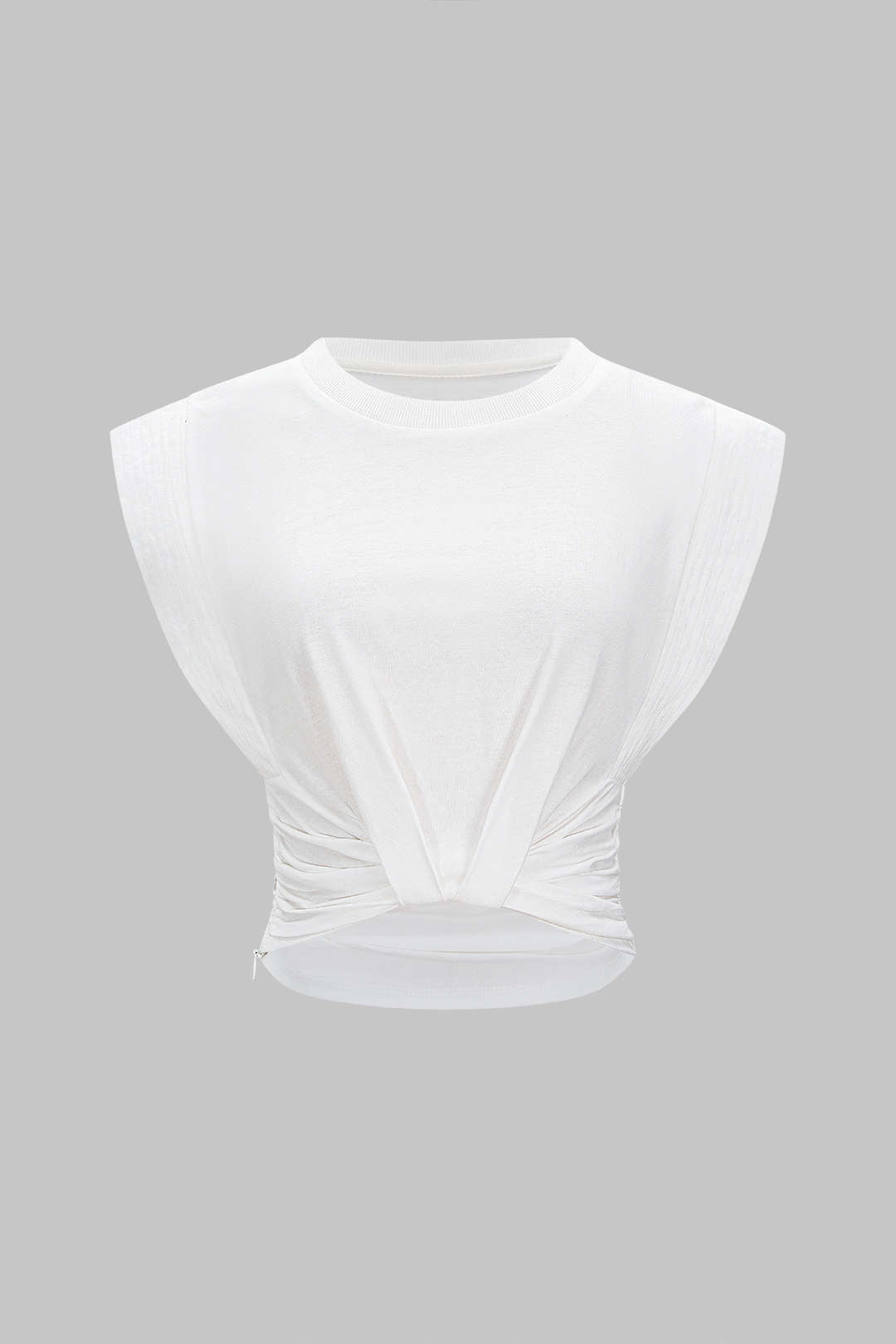 T-shirt solide à col rond, manches volantées froncées