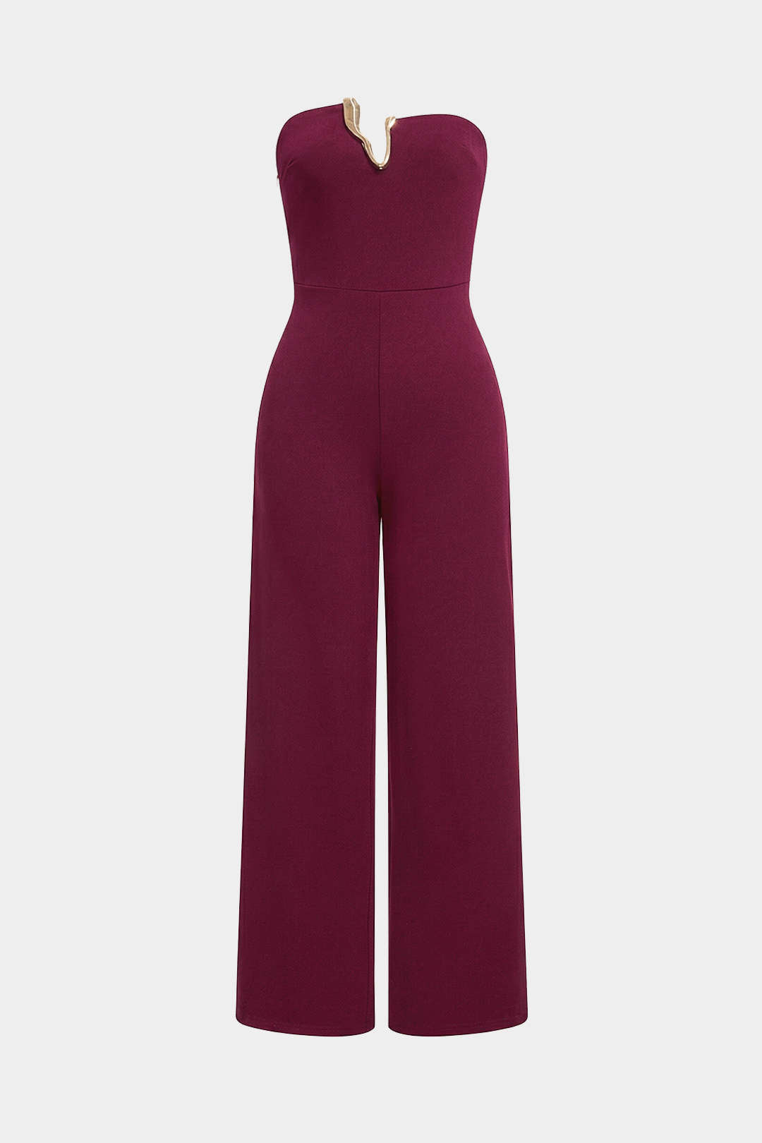Unregelmäßiger trägerloser Metallic-Jumpsuit mit weitem Bein