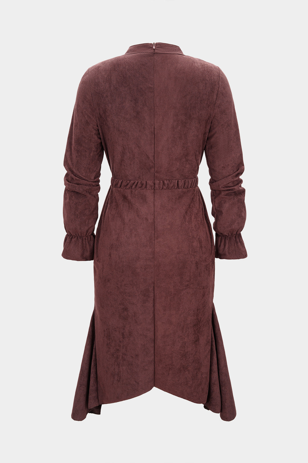 Suede Drawstring Zipper Long Sleeve Midi Dress