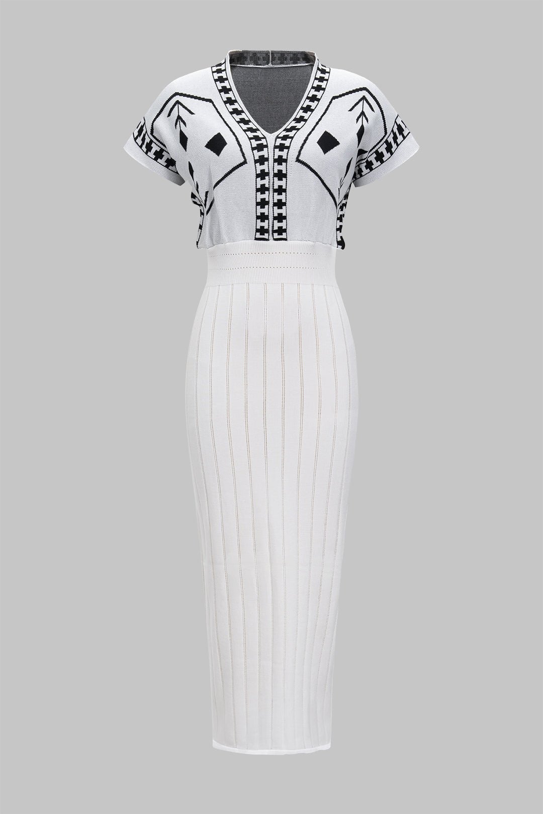 Knit Jacquard V-Neck Short-Sleeve Dress