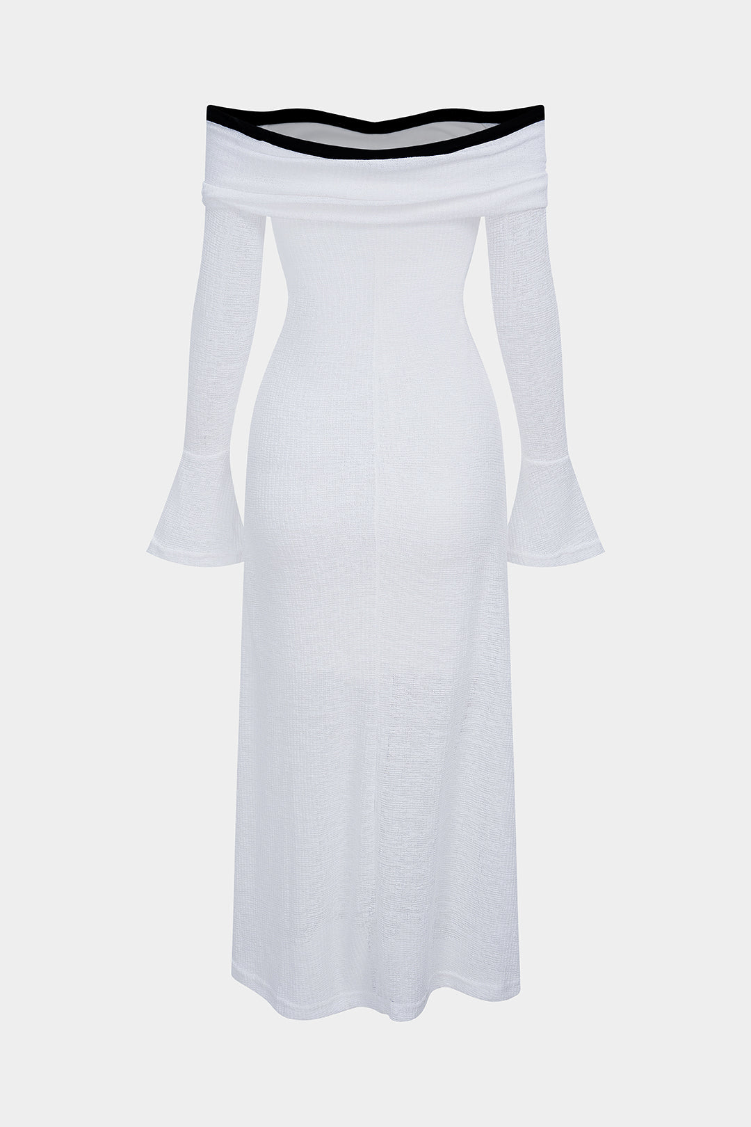 Knit Contrast Binding Off Shoulder Tie-Up Long Sleeve Dress