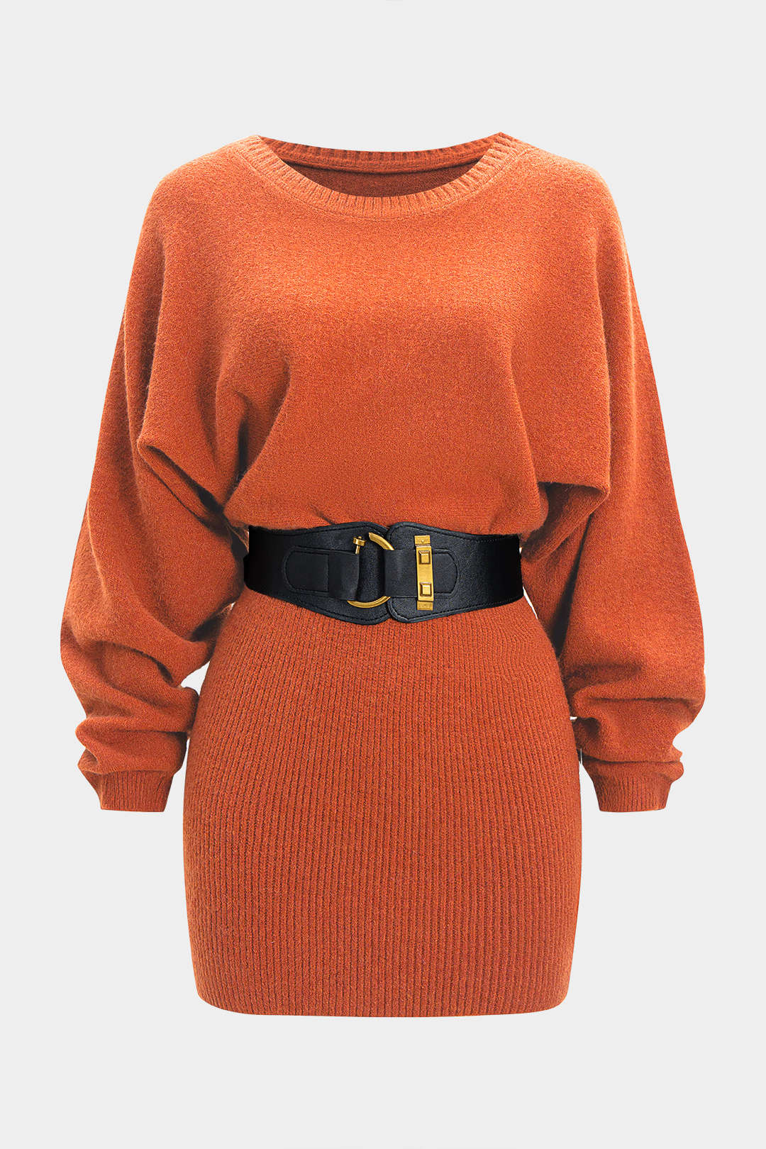 Knit Belted Batwing Long-Sleeve Mini Dress