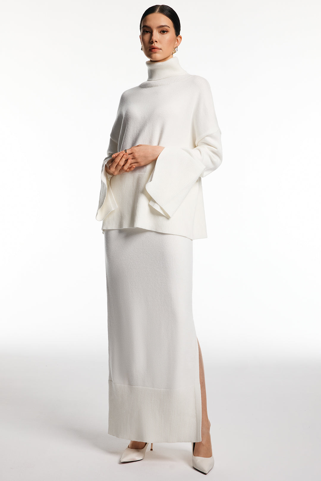 Knit Turtleneck Long-Sleeve Top And Side Split Skirt Set