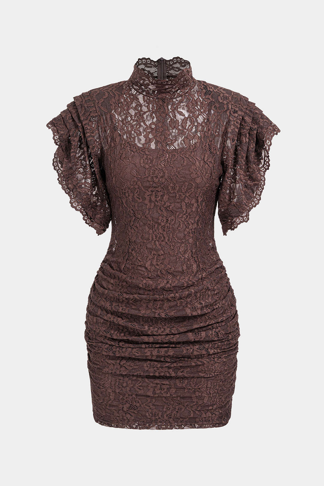 Mini-robe froncée à manches courtes en dentelle transparente et col montant